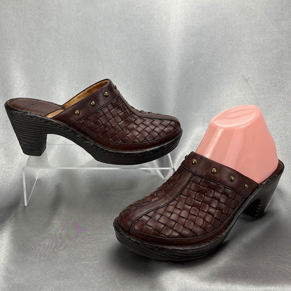 Born Woven Leather Clog Mules Brown Studded 3" Heel Womens Size 7 - W6335 Boho